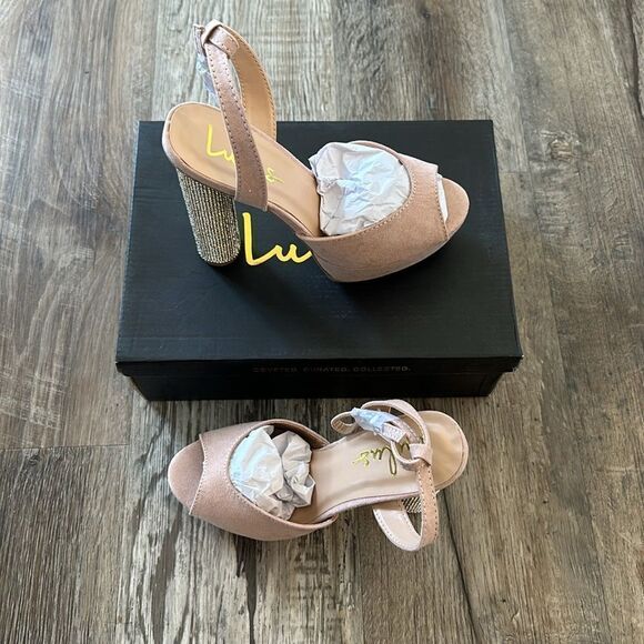 Lulus Kamila Light Nude Suede Platform Rhinestone Ankle Strap Heels Women's SZ 7 - Picture 5 of 6